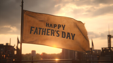 Happy father's day flag waving against a sunset sky with cityscape in the background view