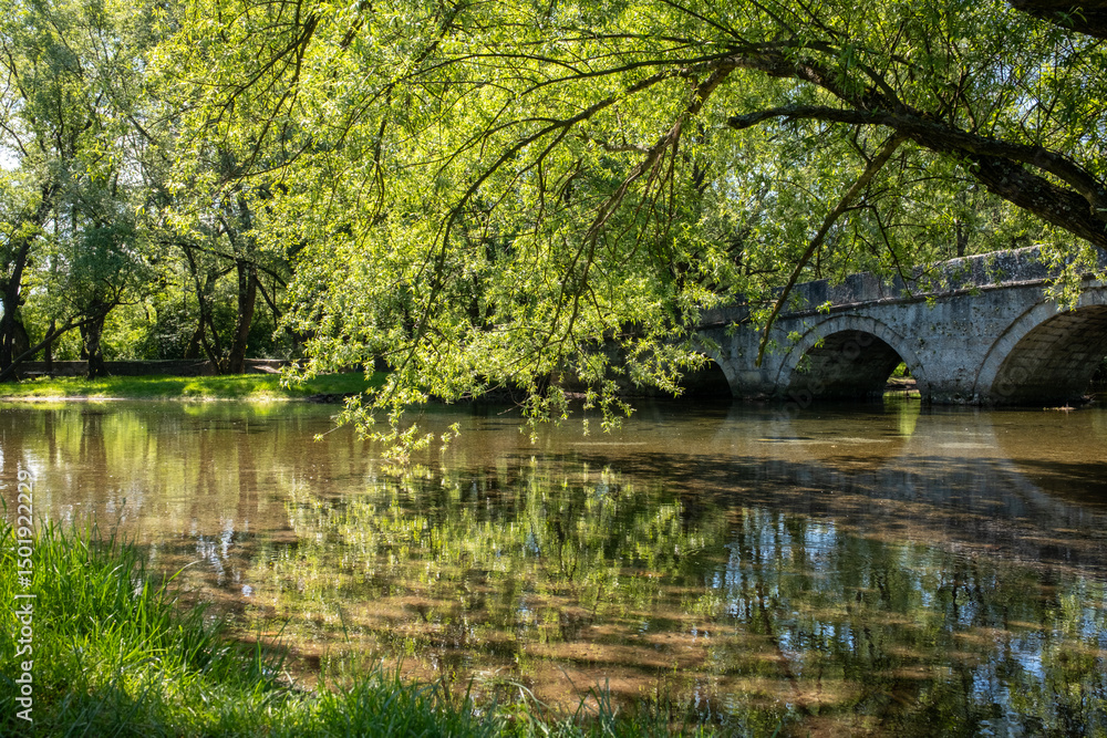 Poster sunlit river scene with an arched stone bridge green trees and reflections on the water creating a t