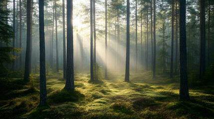 Obraz premium Sunlit forest with tall trees and lush moss in serene morning light
