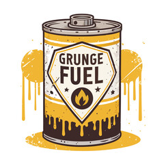 Design a retro-style oil can emblem featuring distressed "fuel" text, a leaking oil drop, and grunge aesthetic.  Include metallic sheen.
