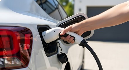 Charging an Electric Car with Charging Cable Plugging in