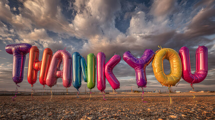 Colorful thank you balloon letters standing on a beach with cloudy sky background view outdoors