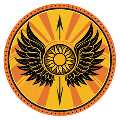 A winged solar disk, radiating light rays stylized as graffiti street art tags, vibrant colors, intricate details.