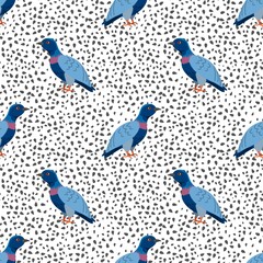 Seamless pattern with cartoon pigeons on a terrazzo-style background. Great for fabric, packaging, wallpaper, and urban-themed design projects.

