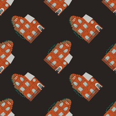 Seamless pattern with red vintage brick buildings and ivy on a dark background. Perfect for fabric, wrapping paper, and urban-themed designs.