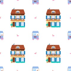 Seamless pattern with cute suburban houses, ice cream carts, and small decorative elements. Perfect for kids’ products, fabric, or summer-themed design.