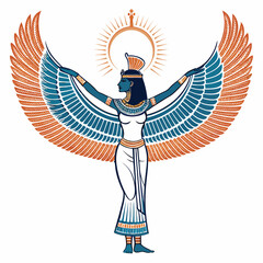 A radiant Isis, goddess of magic, with majestic wings, in a ceremonial pose, emitting a divine glow.  Intricate details, vibrant colors.