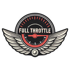 Design a retro-style speedometer badge featuring a prominent "Full Throttle" text overlay.  Include chrome accents and a vintage aesthetic.