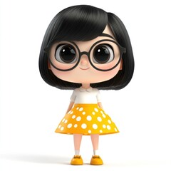 3D girl with a bob haircut wearing glasses dressed in a yellow skirt playful pose