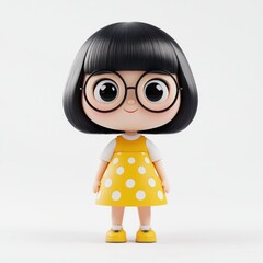 3D girl with a bob haircut, wearing glasses, dressed in a yellow skirt with white polka dots Minimalist white background