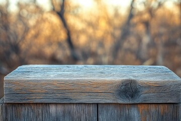 A rustic wooden surface with a blurred autumn-toned background, perfect for product displays or seasonal designs.