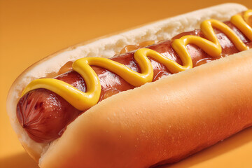 A close up of a hotdog with mustard on a bun against a yellow background in a studio shot