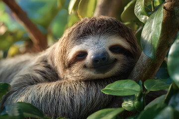 A close up of a sloth resting comfortably in a tree with green leaves surrounding it peacefully