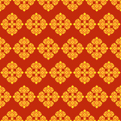 Intricate Yellow Floral Pattern with Symmetrical Cross Motifs on Bold Red Background