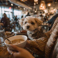 Small dog sitting on lap at restaurant with bowl of food and blurred background of other patrons