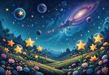 Naklejka premium Colorful celestial garden with stars and galaxies under a vibrant night sky