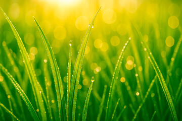 Fototapeta premium High-resolution macro photograph of fresh green grass blades covered in morning dew, illuminated by bright golden sunlight. Captures the beauty of nature and the essence of a summer sunrise