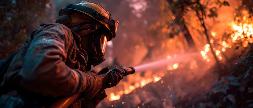 A firefighter spraying water on a forest fire with trees burning in the background during the day time