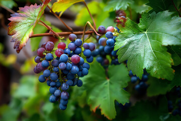 vibrant and realistic depiction of grapes growing on a vine in a garden setting. The clusters of grapes are predominantly deep purple, with a few transitioning to a reddish hue