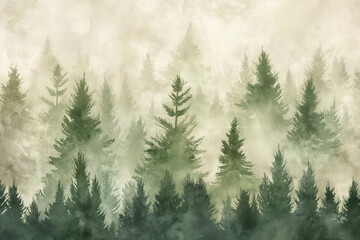 Fototapeta premium beautifully crafted watercolor painting of a foggy forest landscape. It captures a serene and ethereal atmosphere, emphasizing the interplay between nature and mist.