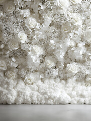 luxurious and intricate floral arrangement that exudes elegance, purity, and sophistication. This arrangement would be perfect as a backdrop for weddings, photoshoots, or luxury events.