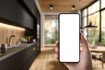 A hand holding a blank smartphone in a modern kitchen with black cabinets and wooden accents visible