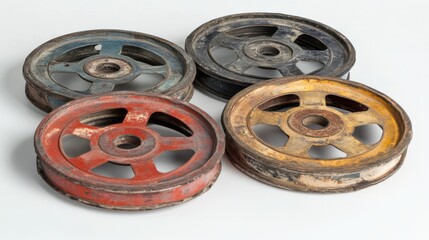 Obraz premium Vintage Industrial Wheels in Various Colors and Textures on White Background