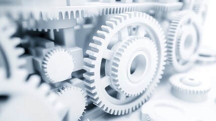 White Gears Mechanism in Close-Up for Industrial Background Use