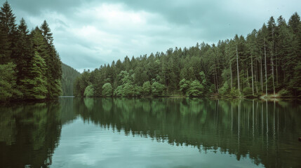 Obraz premium Photo of the Black Forest featuring a lake with green trees under a cloudy summer sky. Captured on film stock with natural tones and texture...