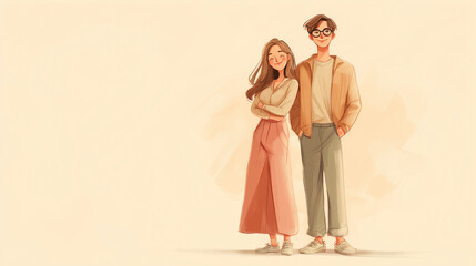 charming digital illustration featuring a warm, pastel-toned aesthetic. It portrays a young couple standing side by side in a relaxed and casual pose.