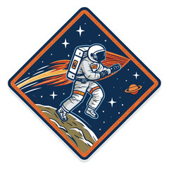 Design a diamond-shaped badge featuring an astronaut bravely riding a meteor, cosmic background.