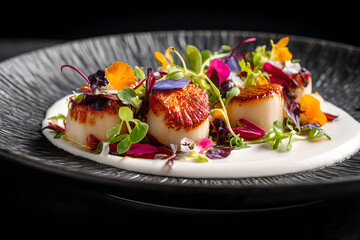 Seared scallops on a plate with cream sauce and edible flowers displayed in a dark setting style