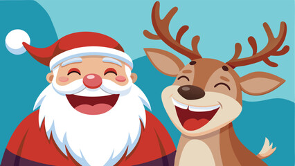 Cheerful Santa Claus and joyful reindeer smiling together against a festive winter background