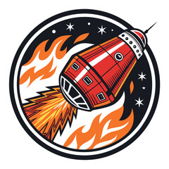 Fiery space capsule re-entry emblem; intense flames engulfing a sleek spacecraft, showcasing the shockwave upon atmospheric entry.