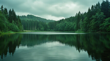 Fototapeta premium Photo of the Black Forest featuring a lake with green trees under a cloudy summer sky. Captured on film stock with natural tones and texture...