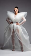 Creative fashion portrait of a woman wearing an elaborate gown, cape, and headpiece made entirely from clear white bubble wrap. The conceptual outfit showcases a unique blend of recycling, avant-garde