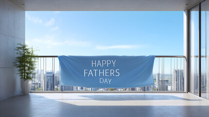 Happy fathers day banner on balcony with city view and plant in a pot on a sunny day scene