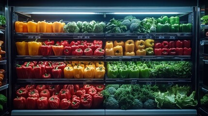 Colorful produce display in a grocery store cooler