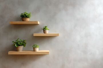 Three wooden shelves with potted plants on a gray wall creating a minimalist and modern interior design