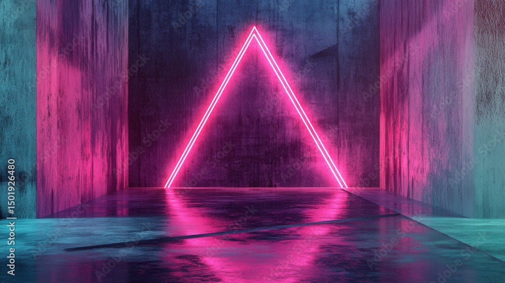 Poster neon triangle light display in dark room with reflection effect