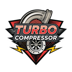 Design a vibrant logo featuring a turbo compressor turbine crest, powerfully illuminated by stylized lightning bolts against a dark background.  Prioritize a sleek, modern aesthetic.