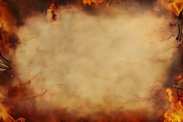 Fototapeta premium Vintage parchment background with a burning fiery frame. An ancient, scorched manuscript with copy space for a dramatic or fantasy concept