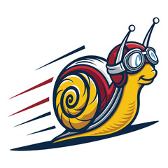 Design a vibrant logo featuring a cartoon snail wearing racing goggles,  a turbocharged shell, and the letters "SP".  Focus on speed and energy.