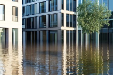 Flooded city street with modern office buildings submerged in murky water, symbolizing the financial impact of climate change, natural disasters, and rising sea levels.