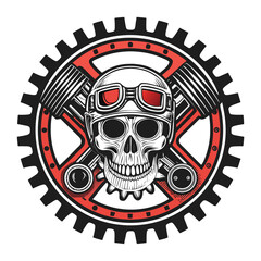 Design a V8 engine badge featuring a skull within a gear frame, emphasizing speed and power.  Stylize for a high-performance automotive application.