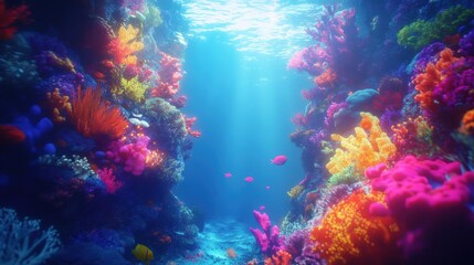 Naklejka premium Colorful coral reef underwater, glowing light