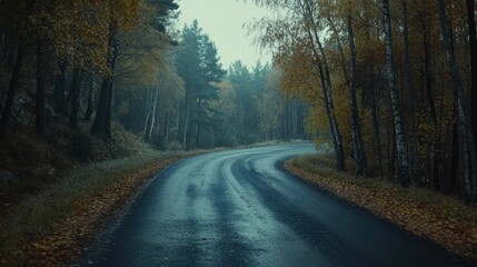 Obraz premium Empty road through autumn forest, cinematic lighting