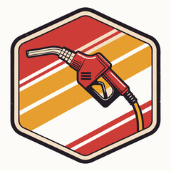 Create a detailed illustration of a vintage gas station patch featuring a retro gas nozzle, stylized text, and possibly flames or a classic car element.  Aim for a worn, distressed look.