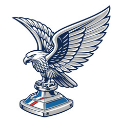 Create a vector illustration of a vintage car hood ornament featuring an eagle's wing badge, emphasizing detailed feather texture and metallic sheen.  Style should be classic and elegant.