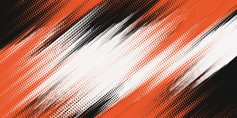 Halftone orange, black and white dots pattern and black gradient grunge texture background. Dotted line comic sport style vector grunge.